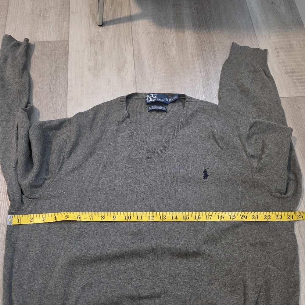 Polo by Ralph Lauren Men's V-Neck Sweater - Gray with Navy Logo - Picture 8 of 9